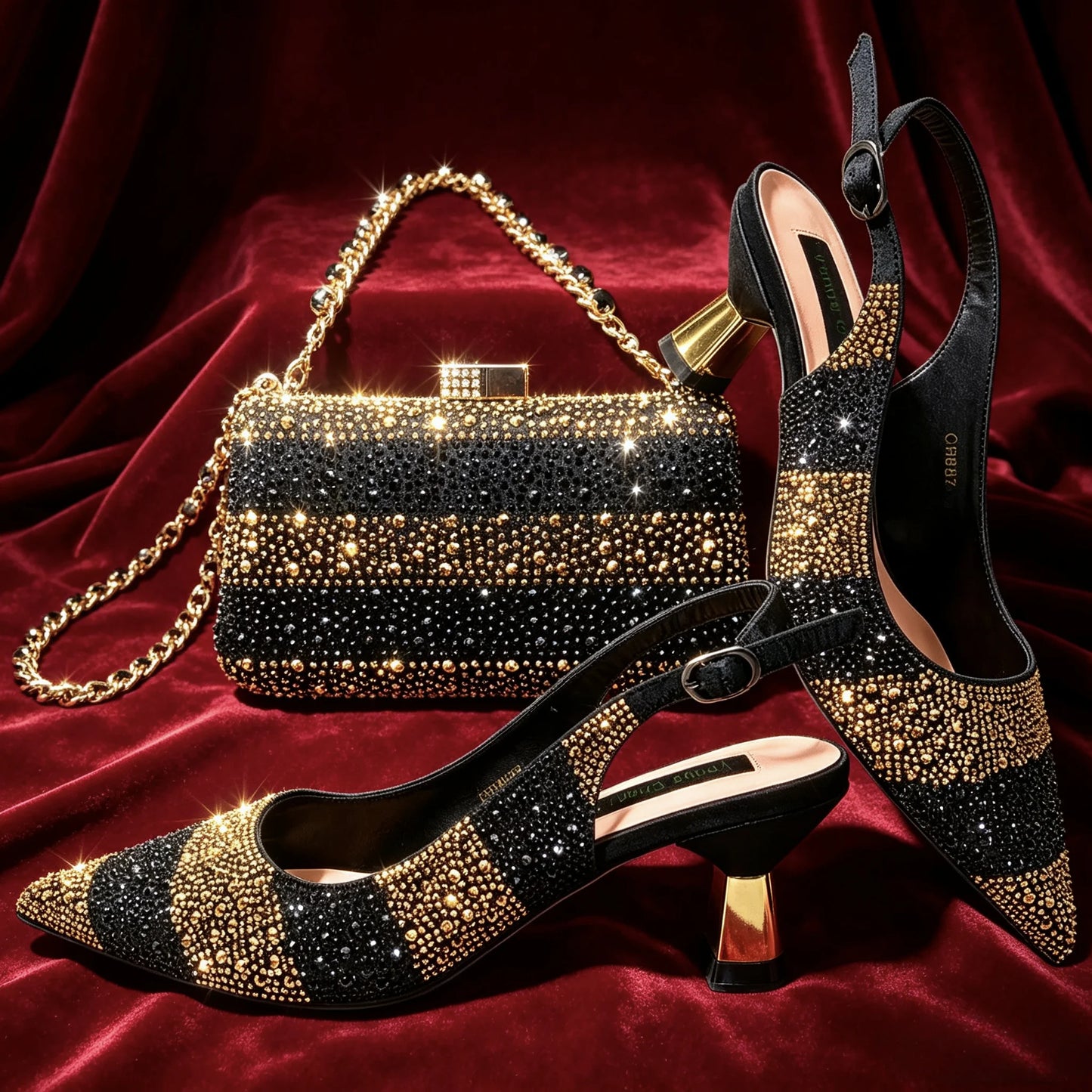 Black Gold Rhinestone Pointed Toe Mid Heels Women Party Wedding Slingback Shoes Matching Crystal Evening Clutch Bag Shoes Set