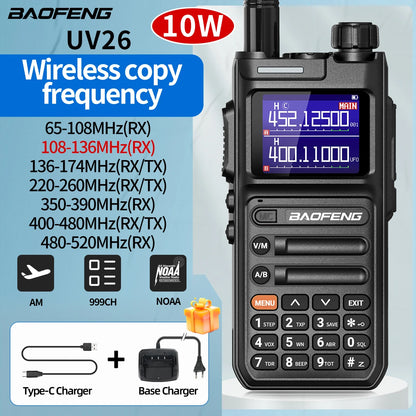 Baofeng UV-26 Walkie Talkie 10W Multi Band Wireless Copy Frequency High Power 999 Channels NOAA with Type-C Charger Ham Radio
