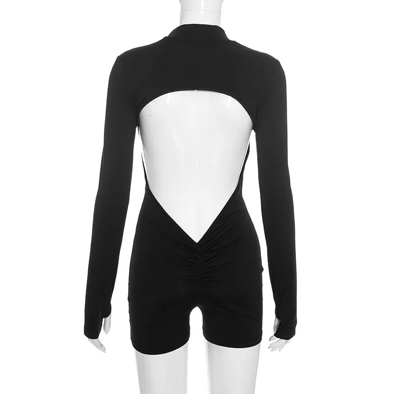2026 Autumn Women Solid Backless Skinny Playsuits Fashion Zip-up Stand Collar Full Sleeve Ruched Peach Hip Slim Rompers Clubwear