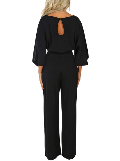 Women's clothing summer 2024 Jumpsuit, Elegant Short Sleeve Hollowed Waist Tie Solid Summer Wide Leg Pants