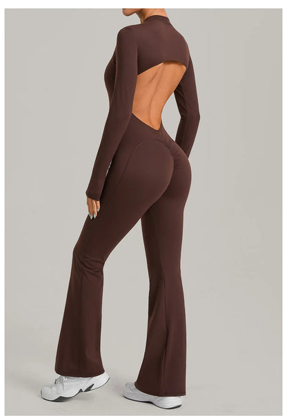 Women Long Sleeve Zip Yoga Bodysuit Cutout Back Scrunch Butt Lift Tummy Control Sweat Wicking Fabric Gym Workout Flare Jumpsuit