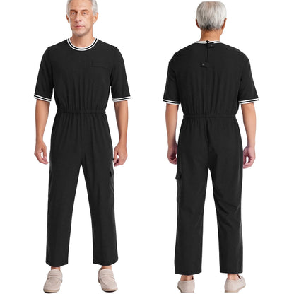 Adult Mens Alzheimer Adaptive Jumpsuit Special Needs Clothing Round Neck Half Sleeve Elastic Waist Zipper Rompers with Pocket
