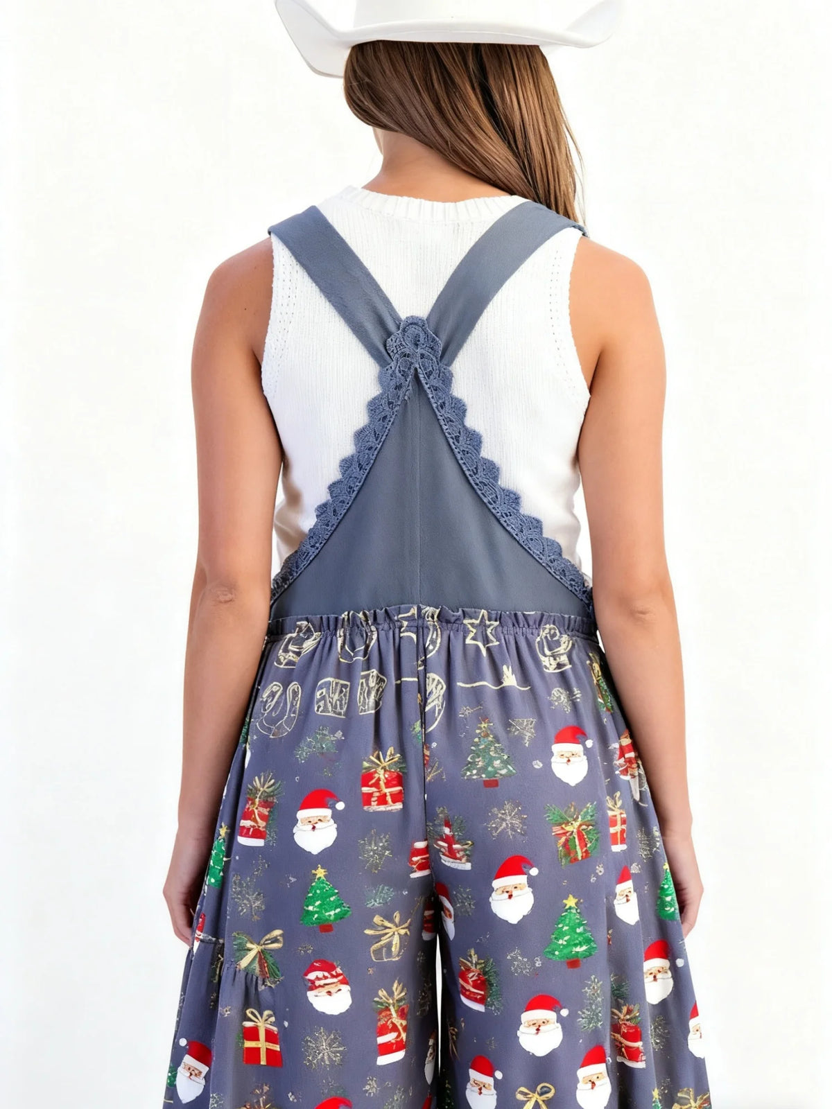 Xingqing Sexy Women Jumpsuits Christmas Themed Print Lace Patchwork Sleeveless Baggy Wide Leg Overalls Streetwear with Pocket