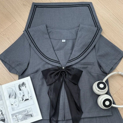 Basic Grey Sailor Suit Set, School Uniform, Preppy Style, Short-sleeved, Long-sleeved, and Short-skirted.