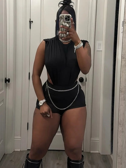 Weird Puss Coquette Women Playsuit Sleeveless Hipster Sexy Ruched Shoulder Side Split Solid Stretch Midnight Clubwear Romper
