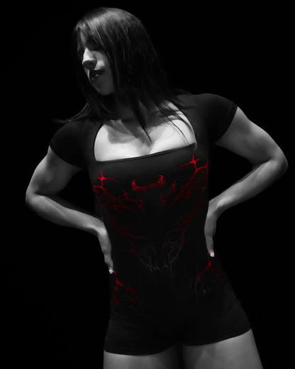 Gothic Square Neck Fitness Women's Quick-Drying Bodysuit with Elastic Short Sleeve and Built-in Chest Pads