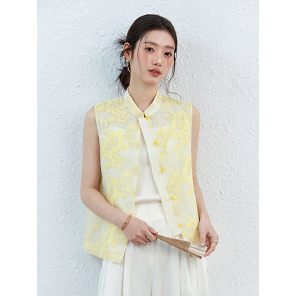 VIMLY Women's Vest 2026 Summer Casual Yellow Floral Embroidery Stand Collar New Chinese Style Sleeveless Jacket Ladies A5251