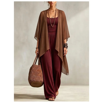 Summer New Sexy Bandeau One Piece Pants Set For Women's 2 Piece Casual Loose Fitting Wide-leg Pants Plus Shawl Tops Set Female