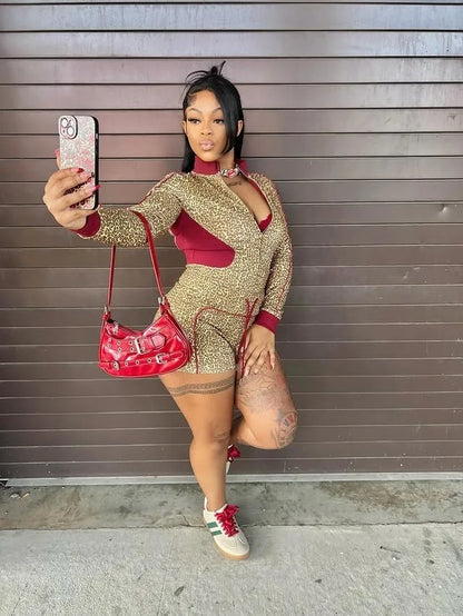 Leopard Print Night Club Shorts Outfit Set Sexy Women Skinny Two Pieces Sports Matching Set Casual Tracksuit Set