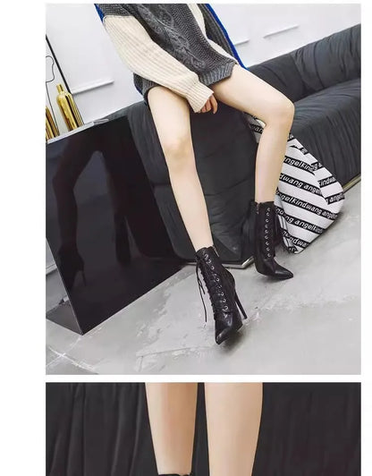 12CM Stiletto Heels Botas Mujer Fashion Pointed Lace-up Ankle Boots Roman Ladies Shoes Autumn Winter Women Emboss Short Booties