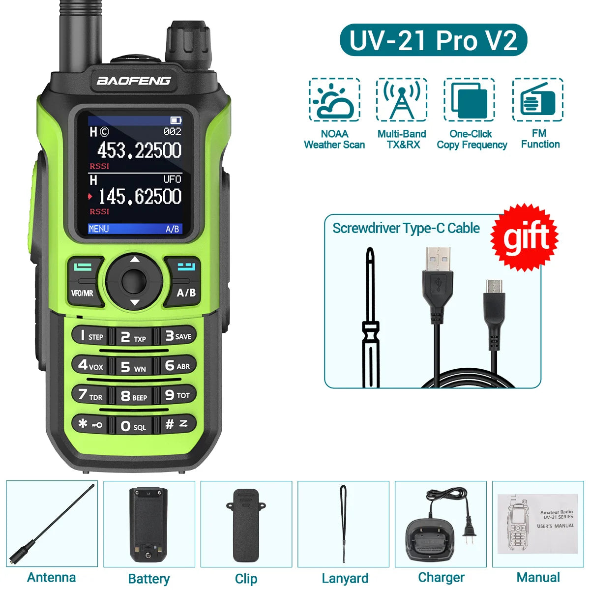 BAOFENG UV-21 PRO Auto Frequency Copy Walkie Talkie Ultra Long Range High Power Multi-Band Type-C Charger Portable Ham Radio