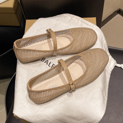 Women Luxury Sandals Flats Shallow Beach Comfort Retro Female Mary Jane Fishing Net Ballet Shoes Women's Soft Bottom Flat Hollow