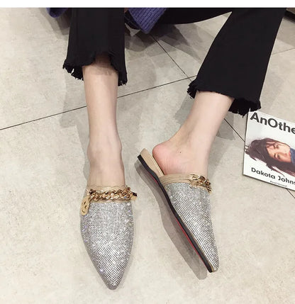 2025 New Summer Shoes for Women Luxury Slipper Girl Bling Crystal Chain Casual Flat Sandals Girl Pointed Toe Slides