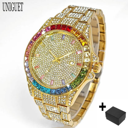 Hot Sell Fashion Gold Watch For Men Brand UNIGUET Hip Hop Rainbow Diamond Shiny Jewelry Quartz Wristwatch Male Dropshipping