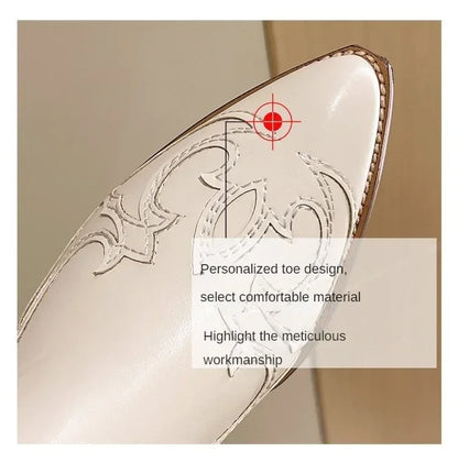 Vintage Square Head Thick Heel Cowboy Boot for Women Embroidered Western Cowboy Boots Side Zipper Shoes Autumn Pointed Boots