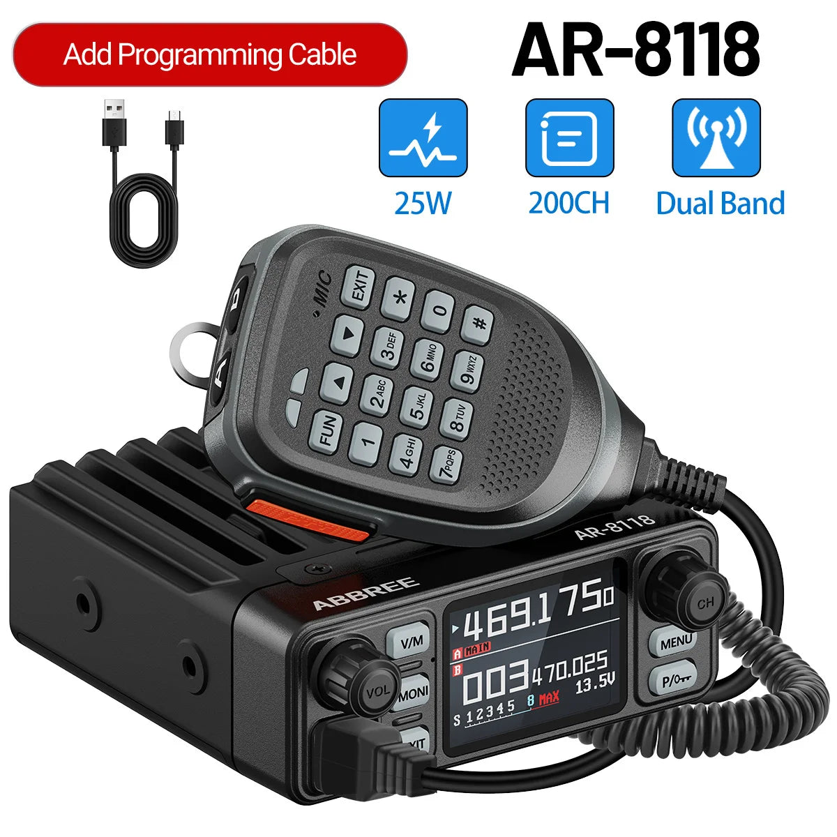 ABBREE AR-8118 Mini Mobile Radio 25W Dual Band VHF UHF 200CH Long Range NOAA VOX Clear HD Voice Dual PTT Car Radio