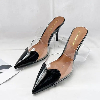 Elegant Pointed Toe Transparent PVC Heart High Heels Mules Slipper Shoes Women 2025 Black White Red Shoes Luxury Designer Pumps