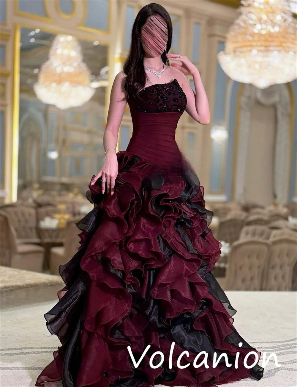 Customized Modern Style Organza Sequined Pleat A-line Strapless Long Dresses Bespoke Occasion Fashion Sexy