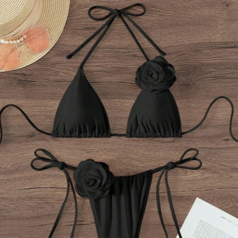 2026 S-L Sexy 3D Flowers Halter Strappy Bikini Women Swimwear Female Swimsuit Two-pieces Bikini Set Bather Bathing Suit Swim