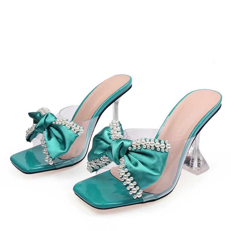 Liyke 2026 New Style Pink Women Slippers Sandals Fashion Pearl Bowknot High Heels PVC Transparent Shoes Summer Mule Slides Pumps