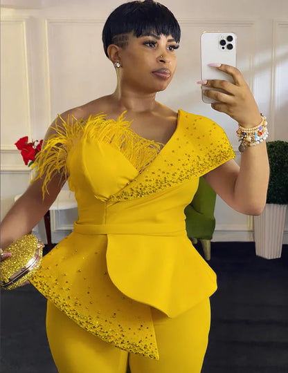 Women Jumpsuit One Shoulder Feather Diamond Peplum Party Fashion Female One Piece African Event Occasion Rompers New Summer 2024