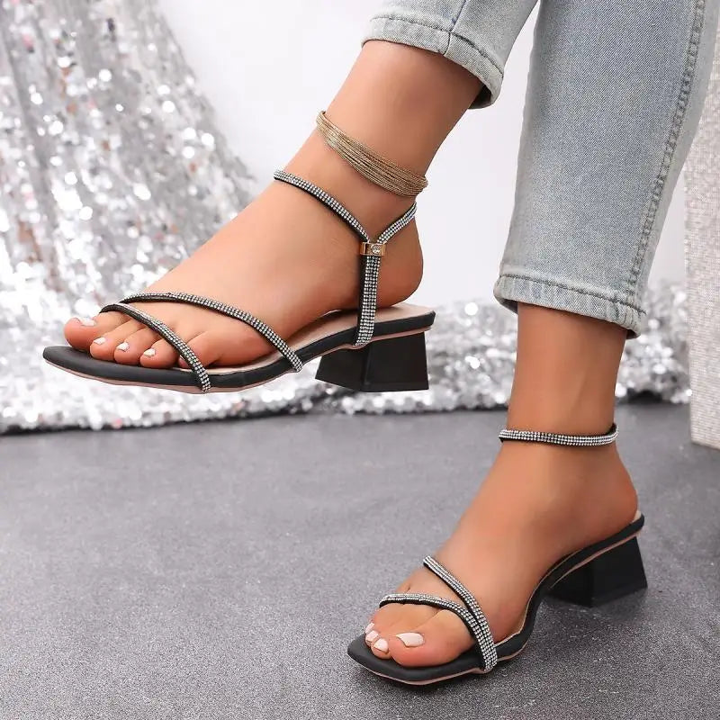 Elegant Square Toe Medium Heel Woman's Sandals Women Summer 2026 Luxury Rhinestore Strap Sandals Plus Size Woman Designer Shoes
