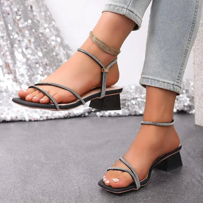 Elegant Square Toe Medium Heel Woman's Sandals Women Summer 2026 Luxury Rhinestore Strap Sandals Plus Size Woman Designer Shoes
