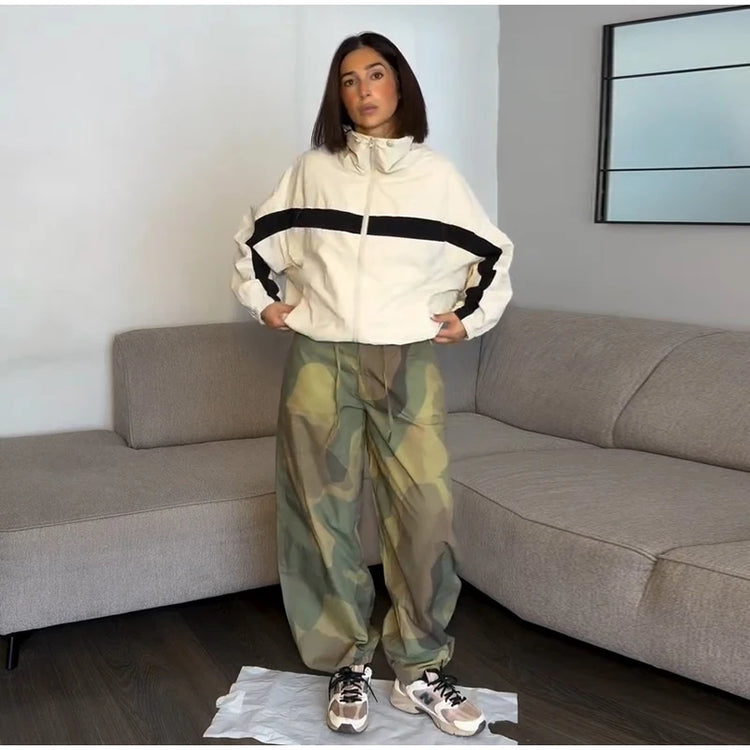 Women Camouflage Cargo Long Pants High Waist Wide Leg Drawstring Hem Baggy Trousers 2026 Autumn Casual Chic Vintage Streetwear