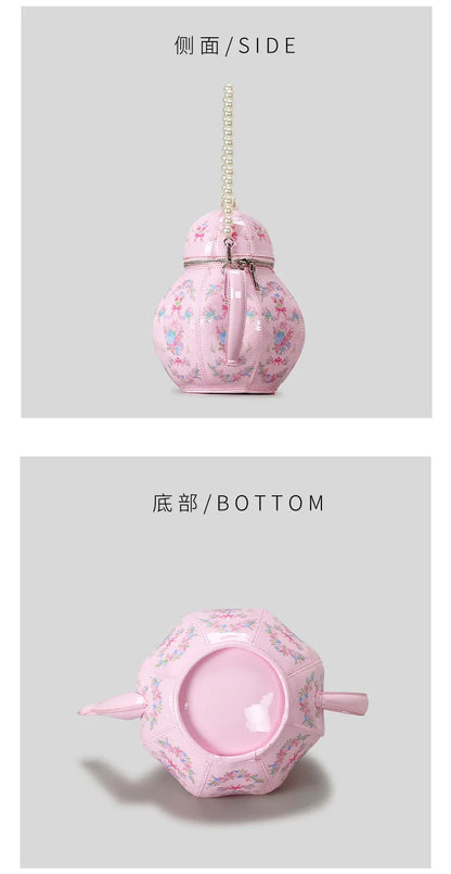 Creative Vintage Printed Teapot Design Women Handbags Pearls Chains Shoulder Bag Designer Luxury Crossbody Bag Small Buckets Bag