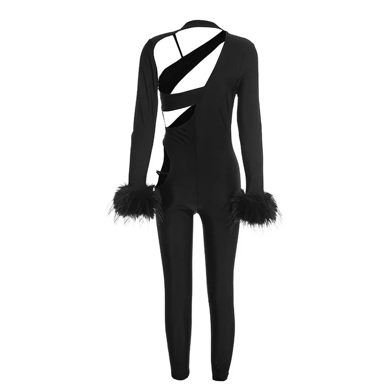 FAGADOER Women Sexy Cut Out Fur Patchwork Jumpsuit One Shoulder Long Sleeve Bodycon One Piece Club Party Night Out Outfit New