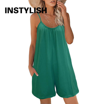 Women Summer Solid Strap Rompers Loose V Neck Casual Shorts Jumpsuits with Pockets Holiday Beach Home Sleeveless Playsuits