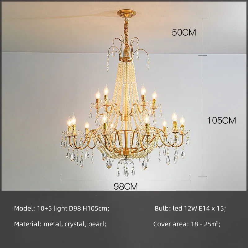 French Candle E14 Led Chandelier Villa Stairs Pearl Crystal Led Pendant Lights Hotel Art Decor Suspend Light Led Luminarias