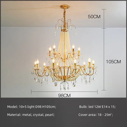 French Candle E14 Led Chandelier Villa Stairs Pearl Crystal Led Pendant Lights Hotel Art Decor Suspend Light Led Luminarias