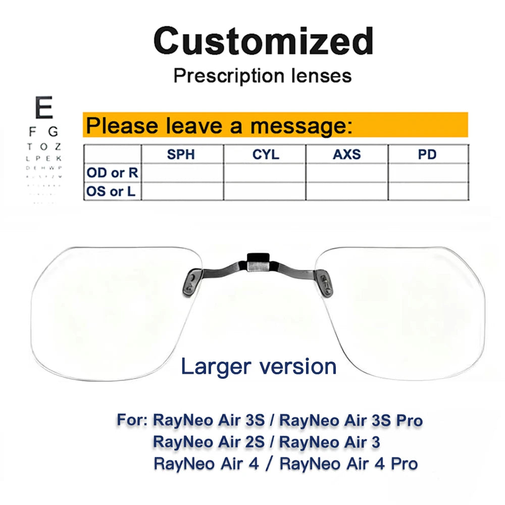 For RayNeo Air 4/Air 4 Pro/Air3S Pro/Air3/3S/Air 2S Smart Glasses Lens Custom Myopia and Hyperopia Anti-Blue Anti-glare Lenses