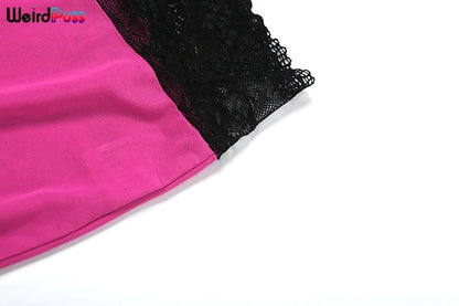 Weird Puss Patchwork Lace 2piece Sets Woman Summer Sexy Fungus Trim Spaghetti-Strap Tops+Chic Tierred Pants Party Skinny Outfits
