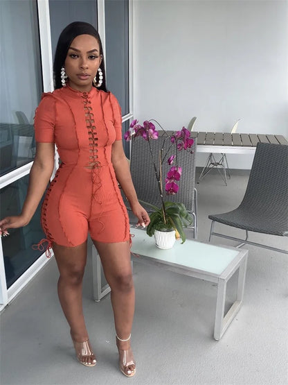 Wholesale Streetwear Jumpsuit Women 2023 One-pieces Outfits Rompers Summer Green Short Sleeve Bodycon Casual Bandage Playsuits