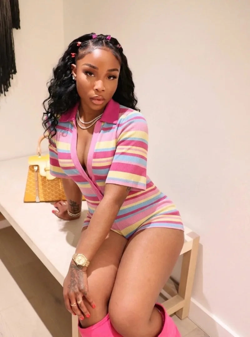 Colorful Stripes Ribbed Skinny Playsuits Women Fashion Casual Buttons V-neck Lapel Collar Short Sleeve Slim Streetwear Rompers