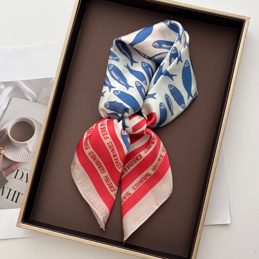 Luxury Square Scarf For Women New Bandanas Fish Printed Hijab Elegant Scarves Neckerchief Fashion Beach Shawl Wraps
