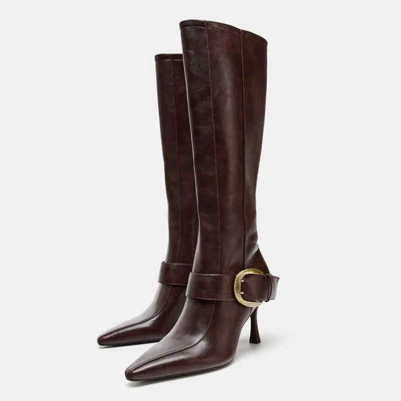 Winter Fashion Sexy Soft Leather Knee High Boots Women Metal Belt Buckle Ladies Zip Pointed Toe Designer Heels Long Shoes