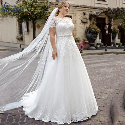 LAYOUT NICEB Wedding Dresses Elegant Lace Appliques Boat Neck Short Sleeve Plus Size Bridal Dress Bride Gowns Vestido De Novia