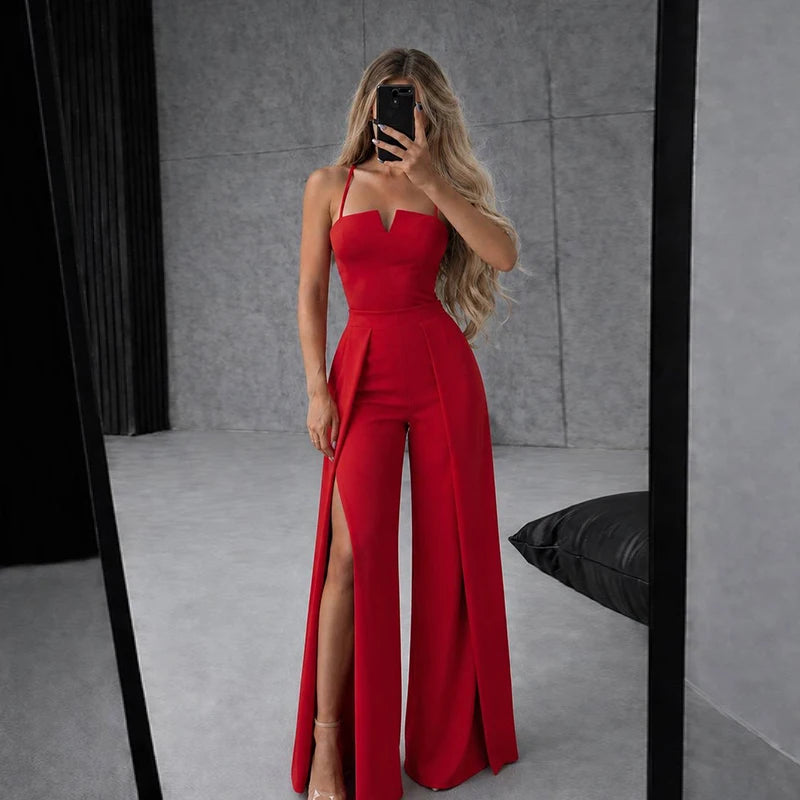 Commute Sling Jumpsuits Women Square Neck High Waist Split Solid Jumpsuit Female 2026 Summer New Fashion Soft Streetwears Lady