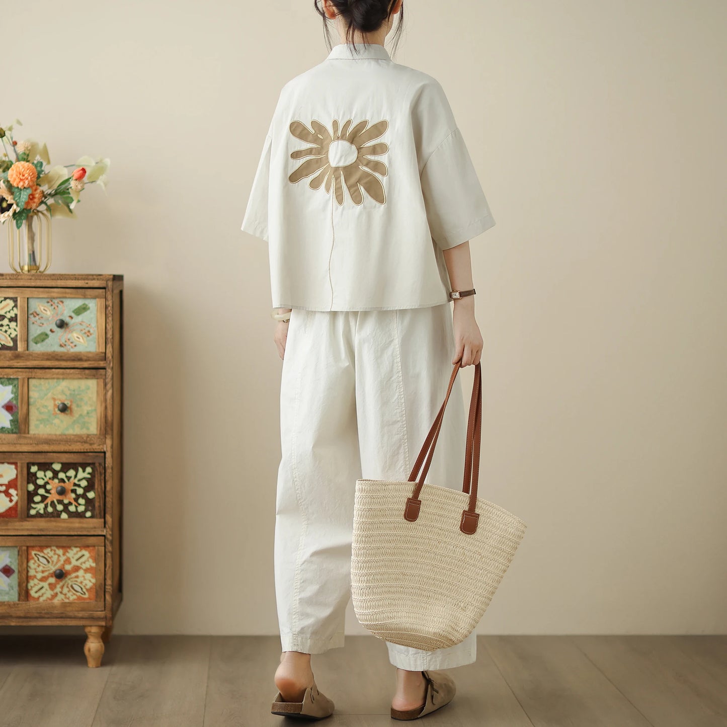High-End Korean Japanese Artistic ort Sve Cotton Linen Embroidered irt Summer Wear Pear ape Fitting Women's Top