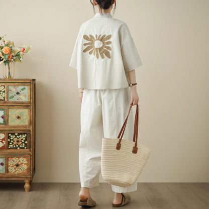High-End Korean Japanese Artistic ort Sve Cotton Linen Embroidered irt Summer Wear Pear ape Fitting Women's Top
