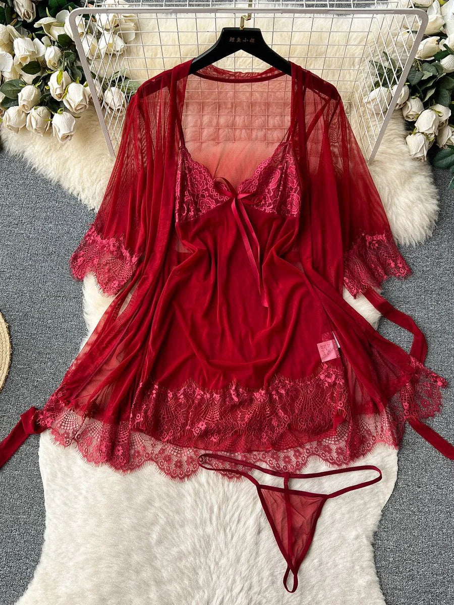 Coquette Lace Lingerie Set Sexy Mesh Bodysuit Valentines Day Sleepwear Gothic Strappy Catsuit Intimate Nightwear Romper