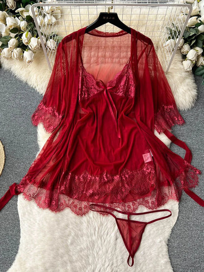 Coquette Lace Lingerie Set Sexy Mesh Bodysuit Valentines Day Sleepwear Gothic Strappy Catsuit Intimate Nightwear Romper