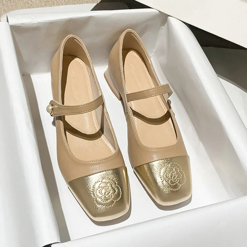 Fashion Mary Jane Women's Shoes 3cm Wide Heel Pumps Embroidered Flowers Pearl Buckle Strap Mary Jane Shoes Luxury Leather Heels
