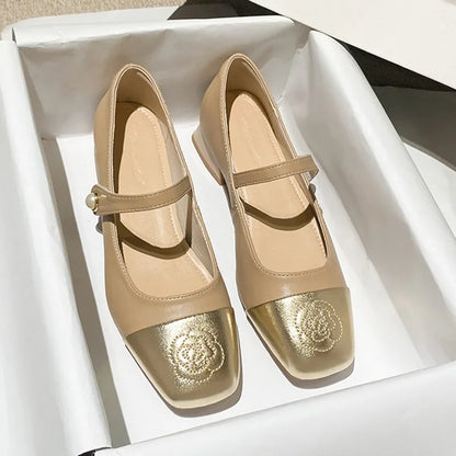 Fashion Mary Jane Women's Shoes 3cm Wide Heel Pumps Embroidered Flowers Pearl Buckle Strap Mary Jane Shoes Luxury Leather Heels