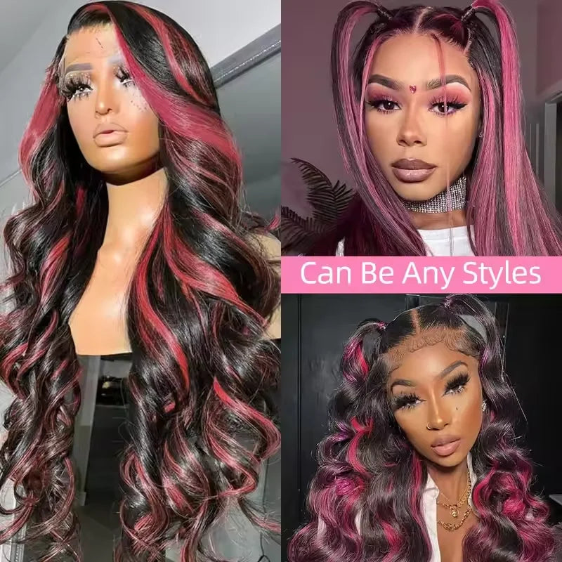 220% Density Ombre Purple Highlight Body Wave 13x6 HD Lace Front Wig Human Hair Waves Dark Purple 13x4 Lace Frontal Wigs For Women