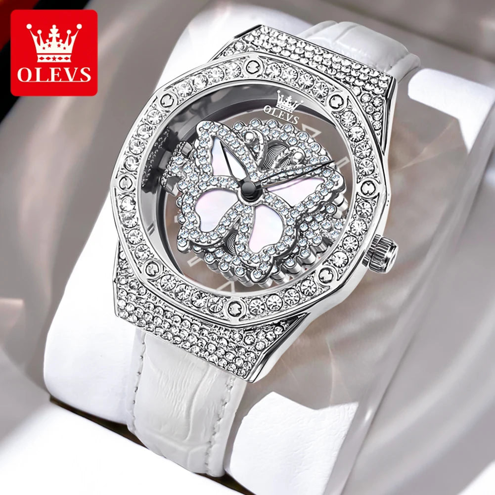 OLEVS Brand Luxury Diamond Quartz Watch for Women Fashion Leather Strap Waterproof Fashion Silver Watches Mens Relogio Feminino