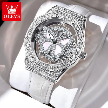 OLEVS Brand Luxury Diamond Quartz Watch for Women Fashion Leather Strap Waterproof Fashion Silver Watches Mens Relogio Feminino